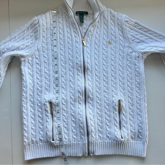 Lauren Ralph Lauren White and Gold Zipper Cable Knit Cardigan - Picture 11 of 12